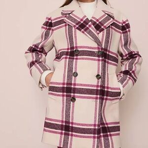 Ann Taylor Pink and Cream Plaid Pea Coat